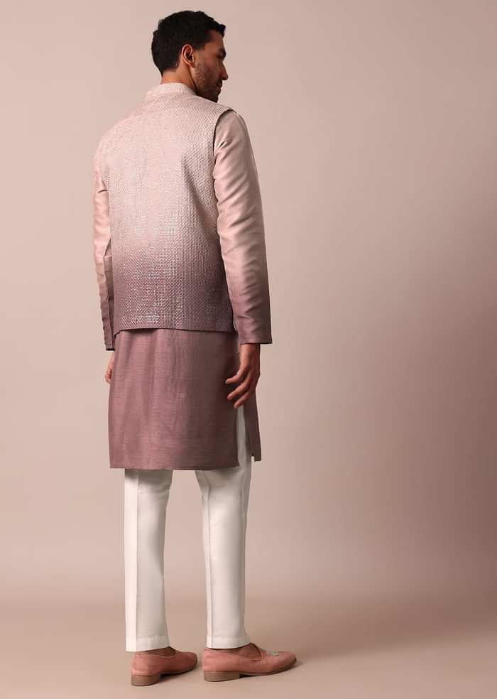 Elegant Purple Ombre Silk Jacket Kurta Set For Men