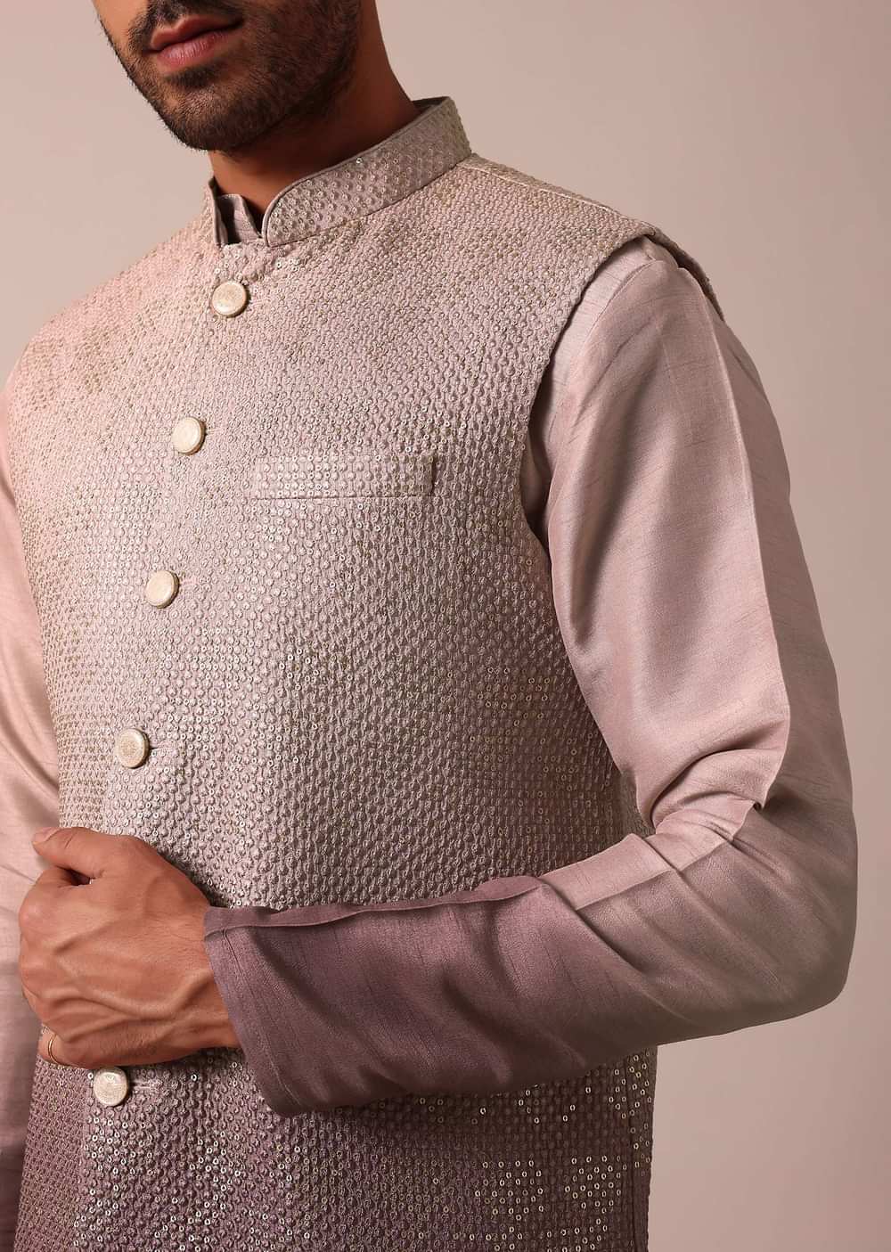 Elegant Purple Ombre Silk Jacket Kurta Set For Men