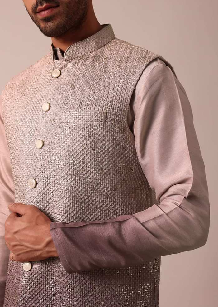 Elegant Purple Ombre Silk Jacket Kurta Set For Men