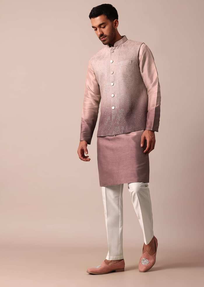 Elegant Purple Ombre Silk Jacket Kurta Set For Men