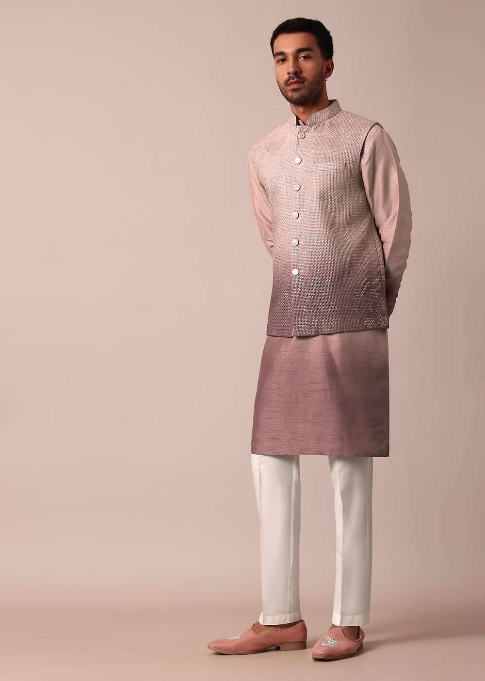 Elegant Purple Ombre Silk Jacket Kurta Set For Men