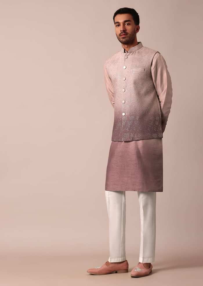 Elegant Purple Ombre Silk Jacket Kurta Set For Men