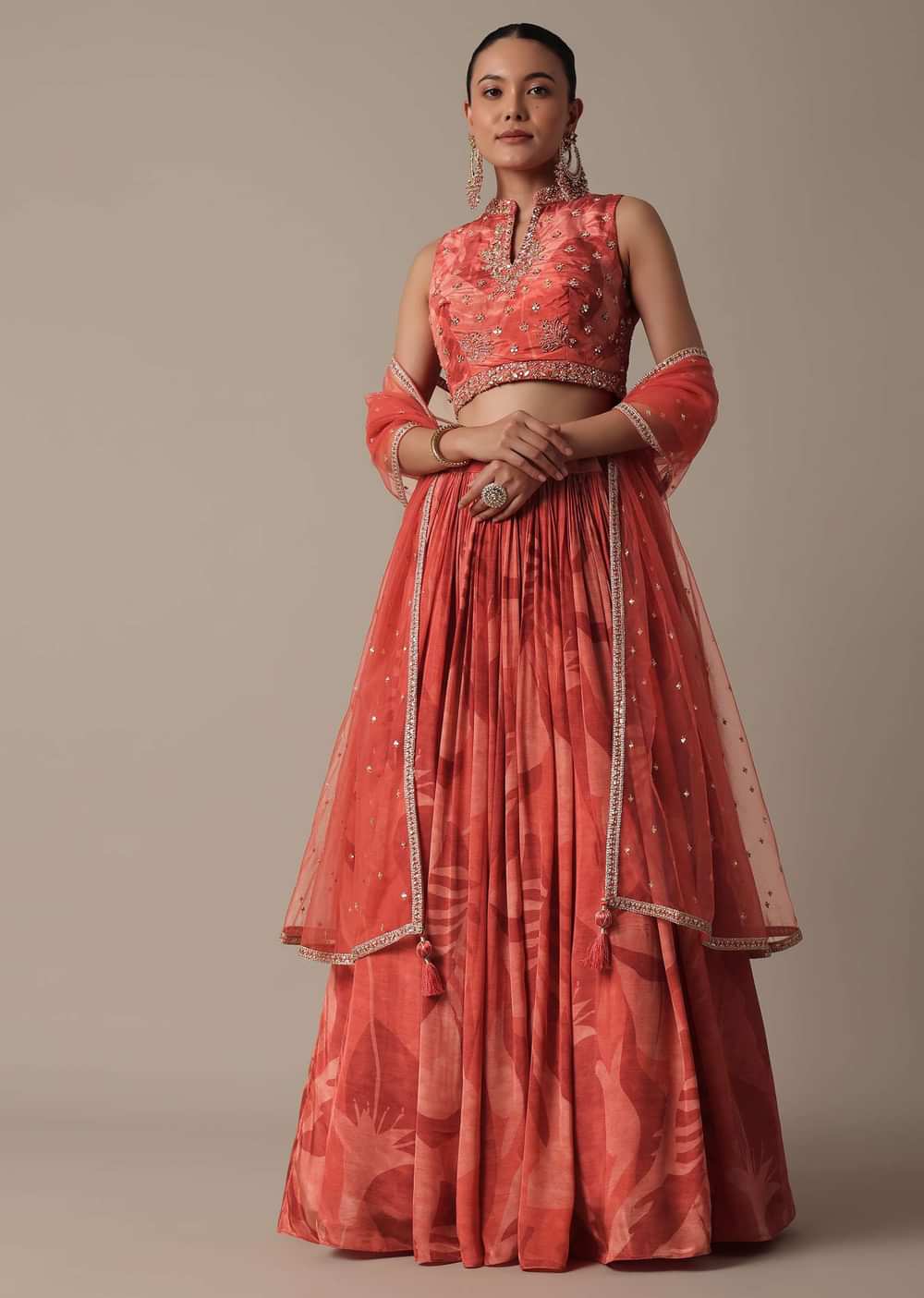 Elegant Red Printed Lehenga Set With Mirror Work