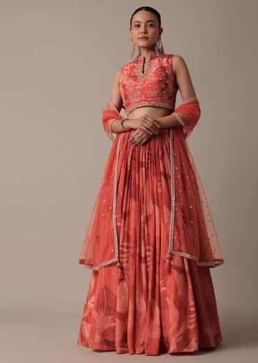Elegant Red Printed Lehenga Set With Mirror Work