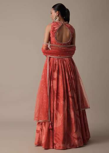 Elegant Red Printed Lehenga Set With Mirror Work