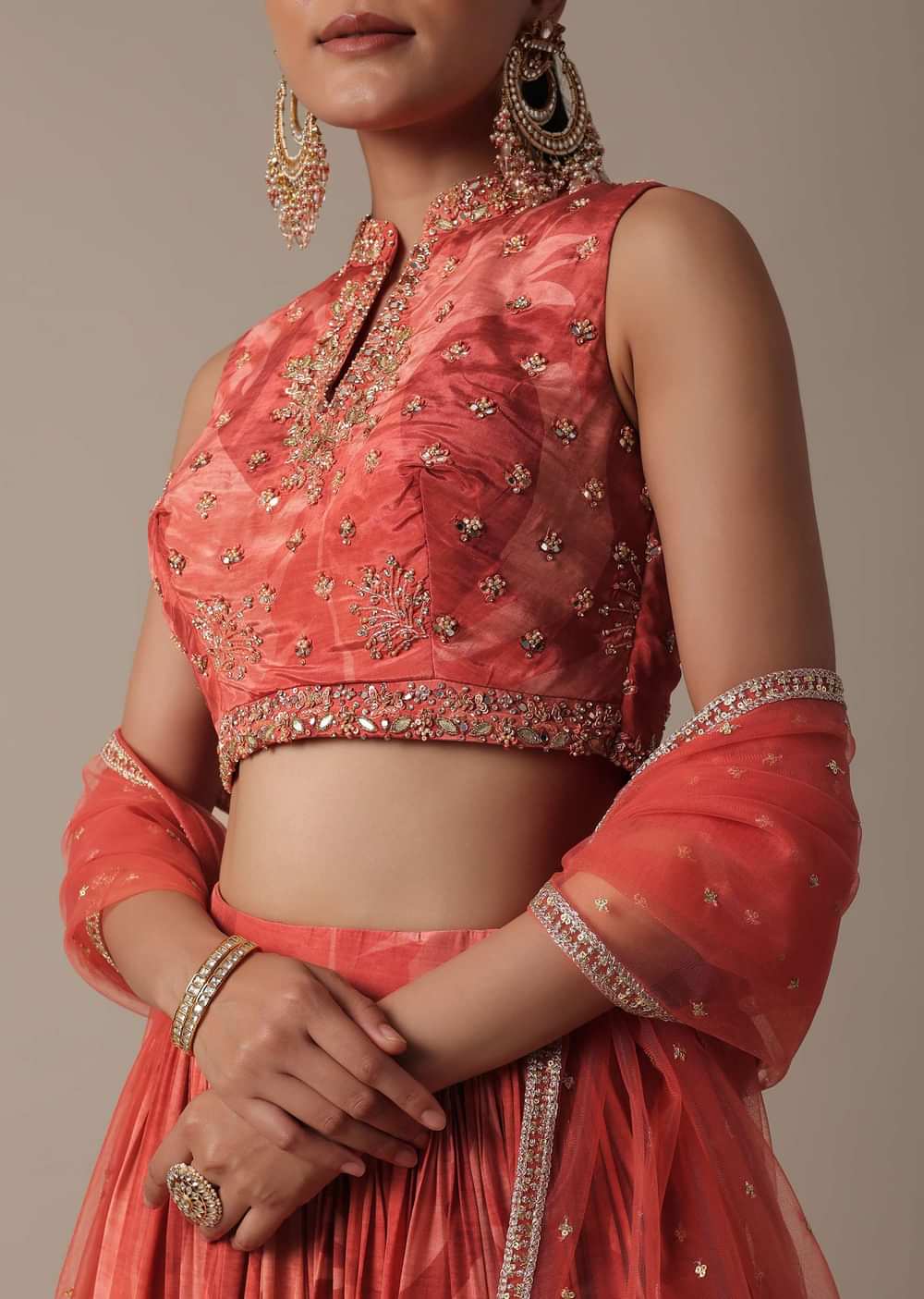 Elegant Red Printed Lehenga Set With Mirror Work