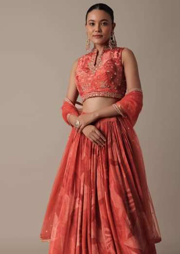 Elegant Red Printed Lehenga Set With Mirror Work