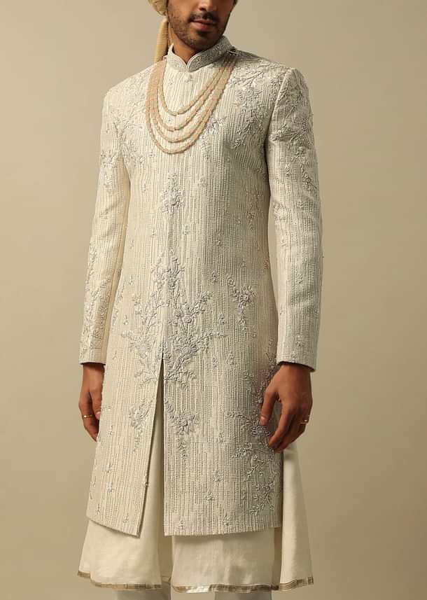 Classic White Raw Silk Sherwani