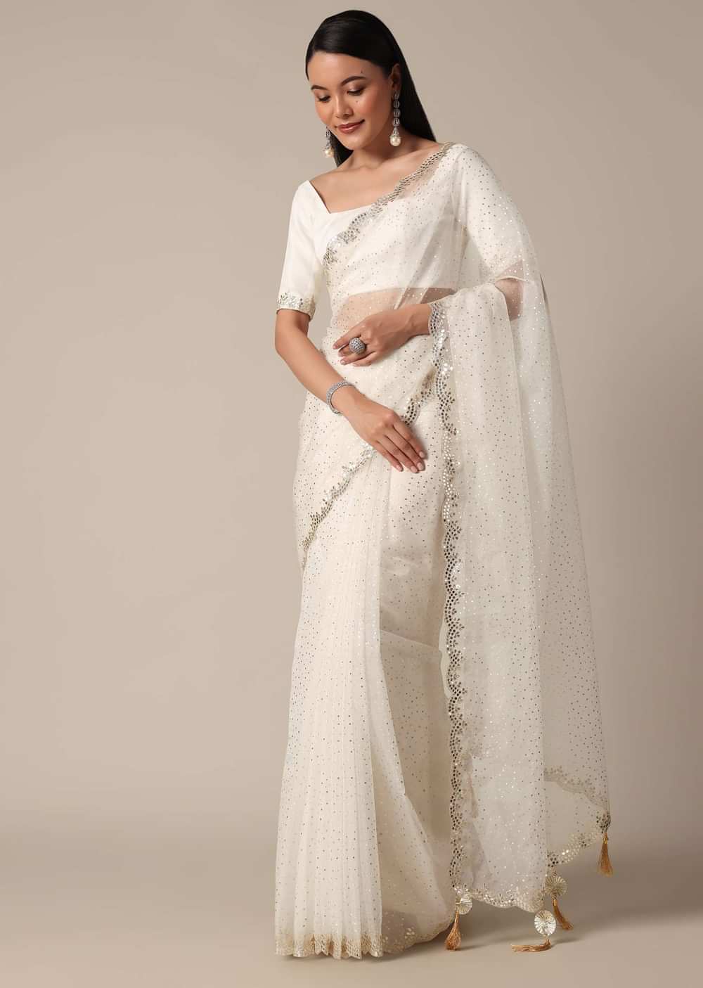 Elegant White Saree with Mirror Scallop Border