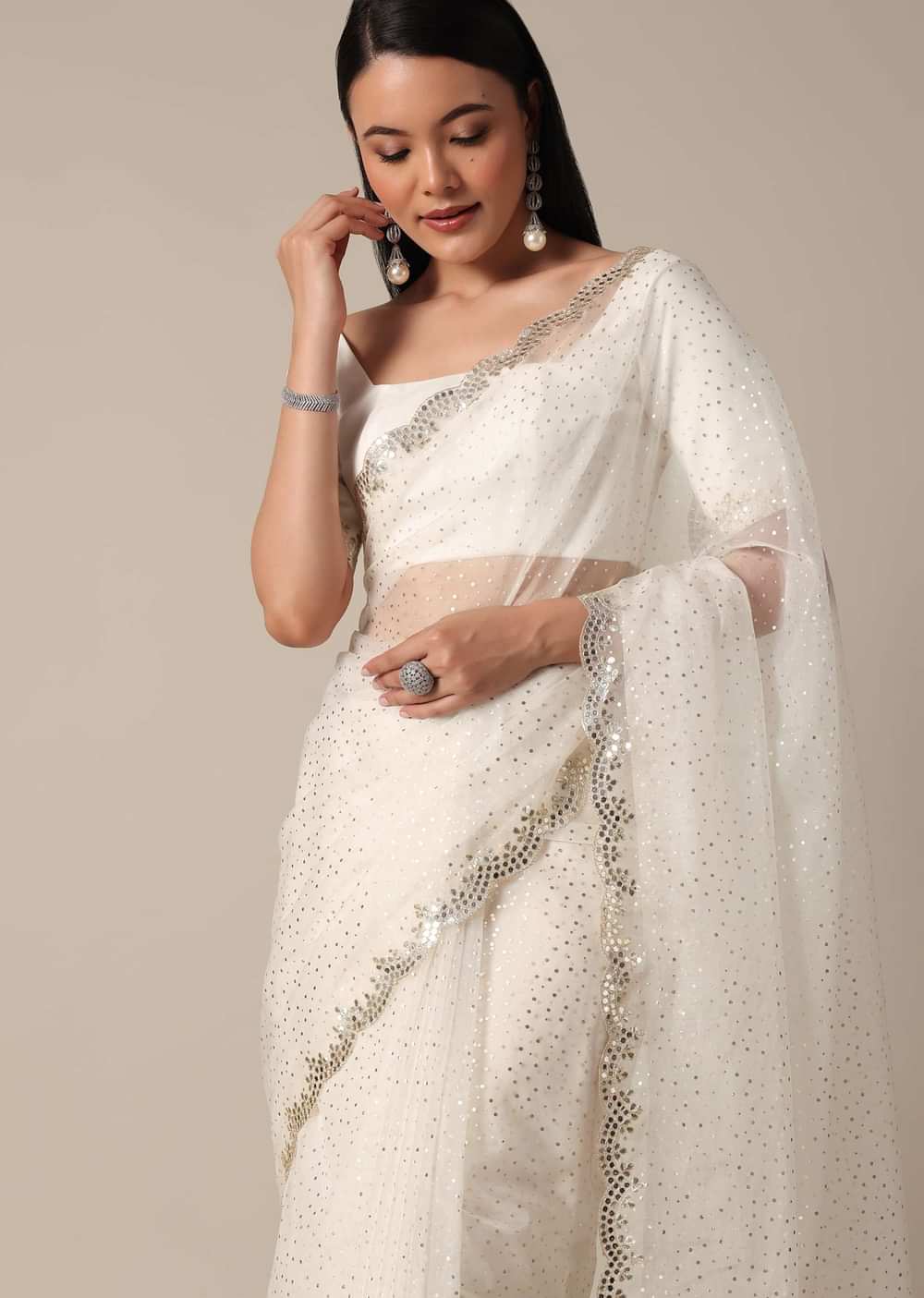 Elegant White Saree with Mirror Scallop Border