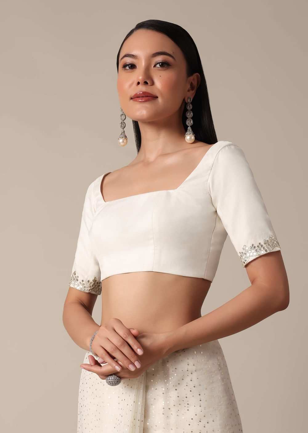 Elegant White Saree with Mirror Scallop Border