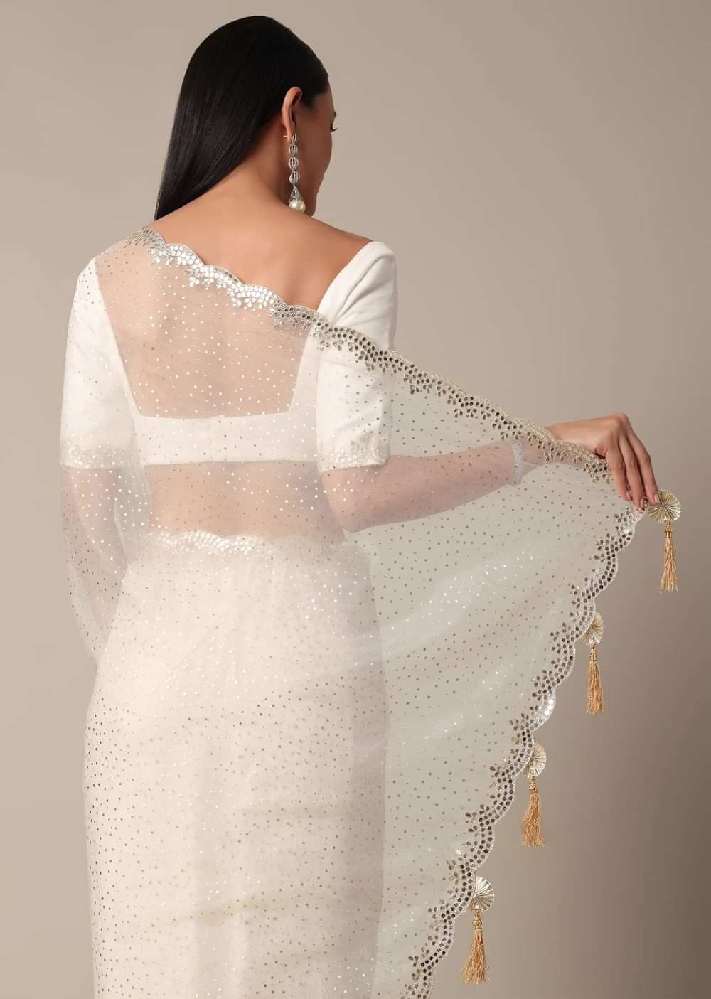 Elegant White Saree with Mirror Scallop Border