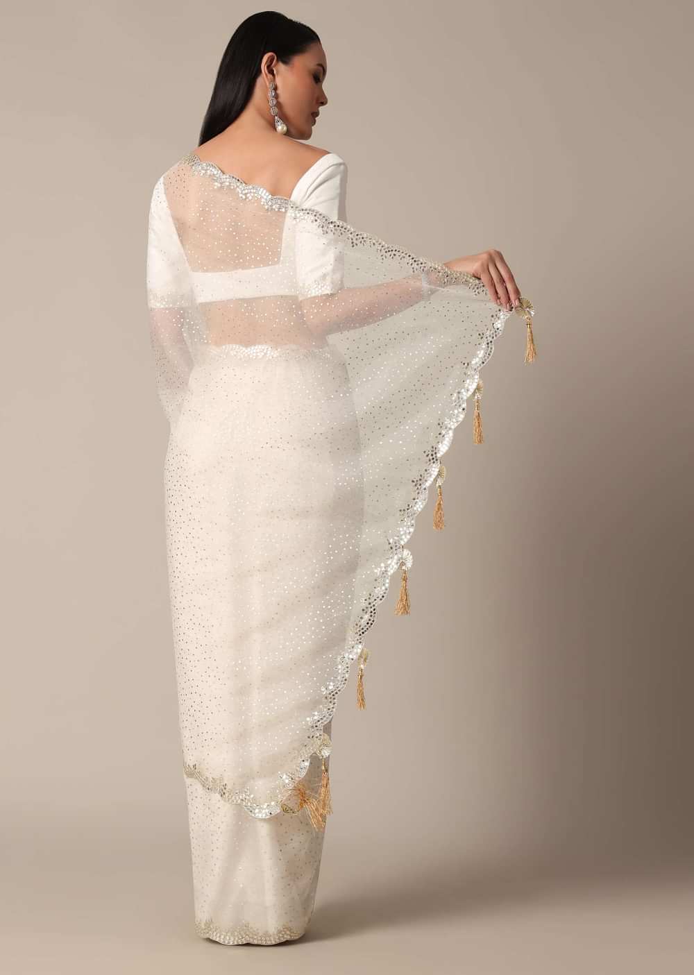 Elegant White Saree with Mirror Scallop Border