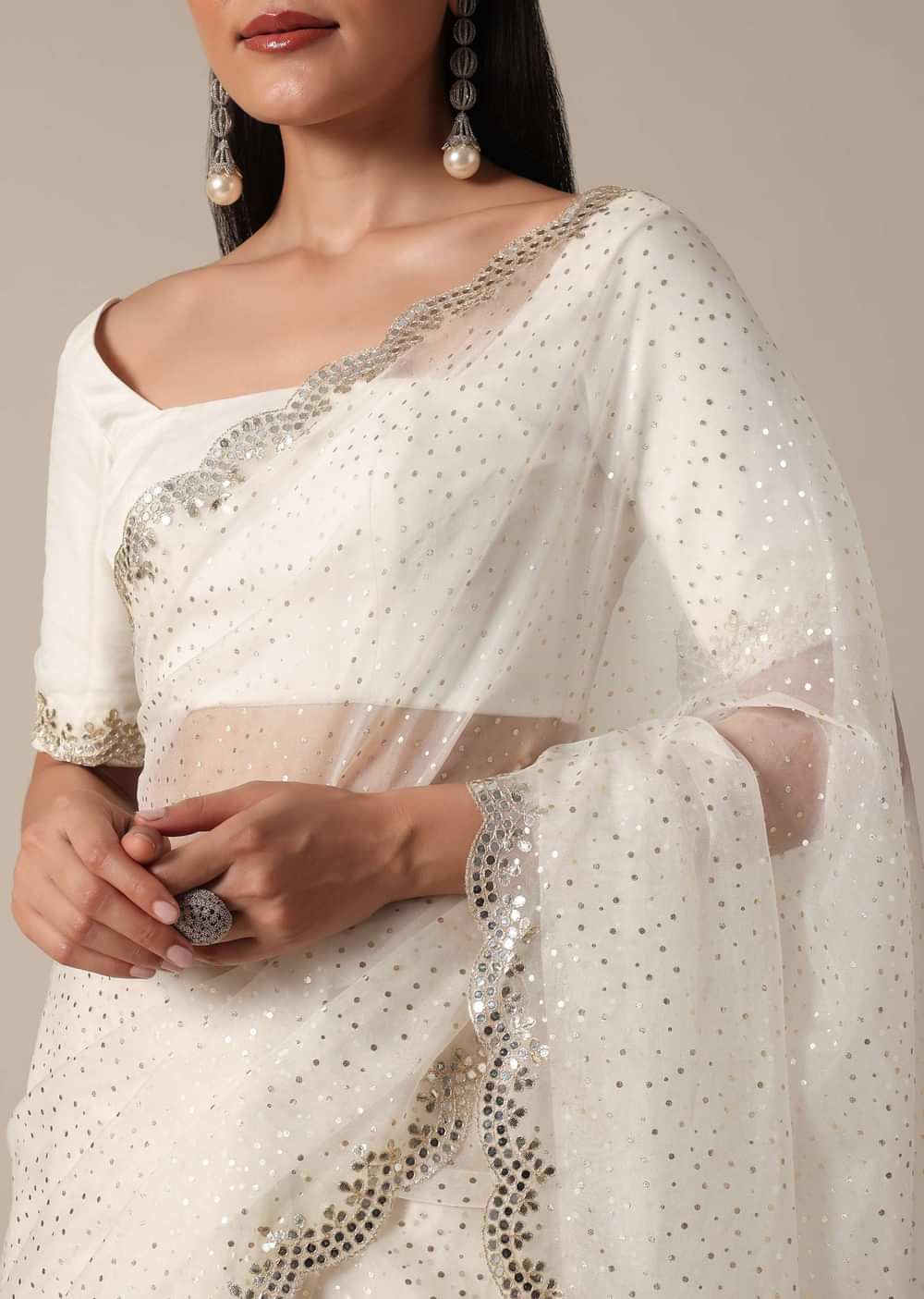 Elegant White Saree with Mirror Scallop Border