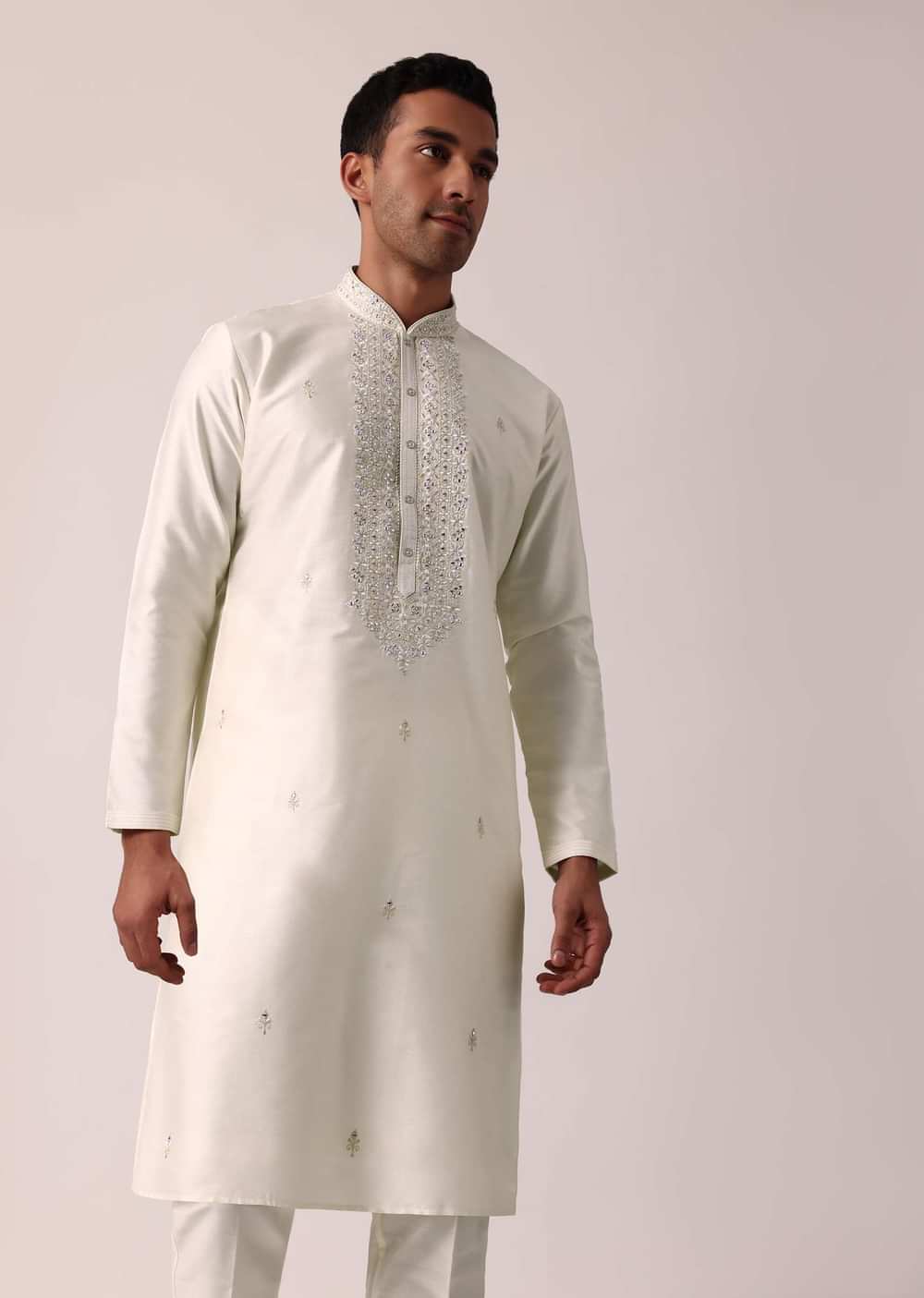 Elegant White Silk Kurta Set With Hand Embroidery