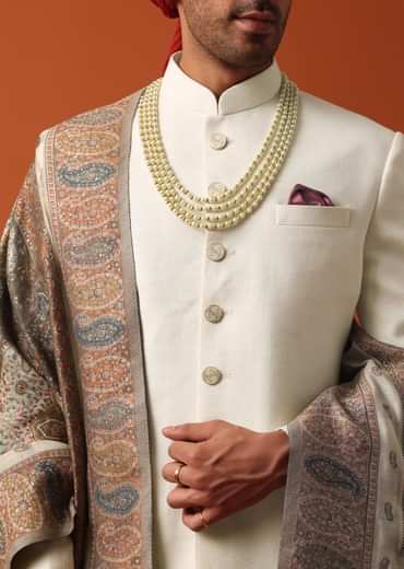 Elegant White Silk Sherwani Set With Pure Silk Pashmina Dupatta