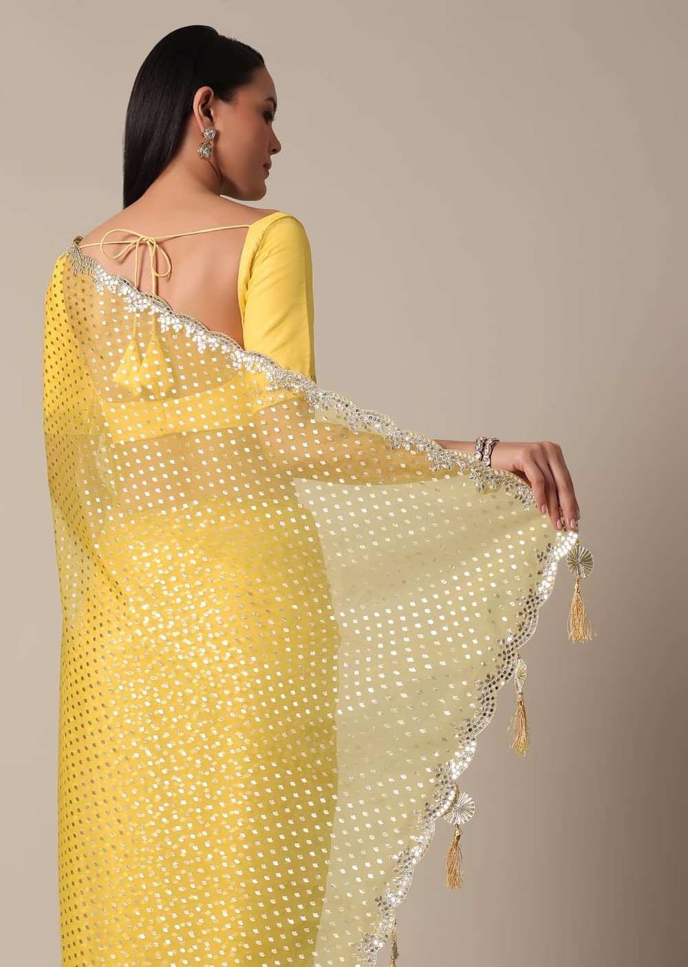 Elegant Yellow Saree With Mirror Scallop Border