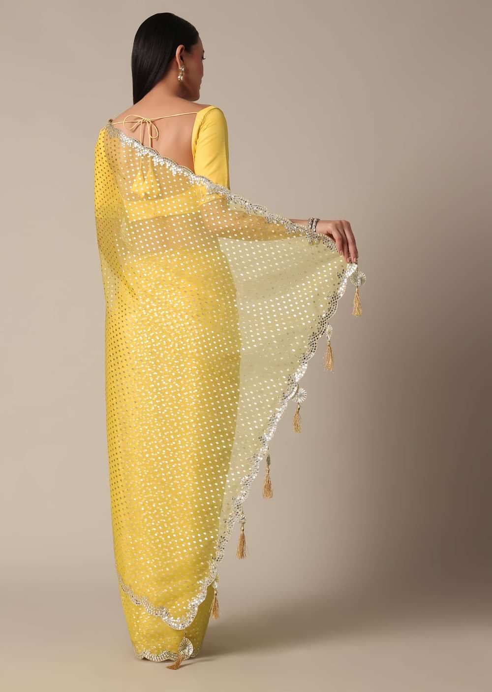 Elegant Yellow Saree With Mirror Scallop Border