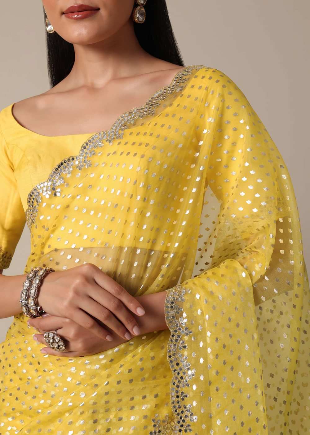 Elegant Yellow Saree With Mirror Scallop Border