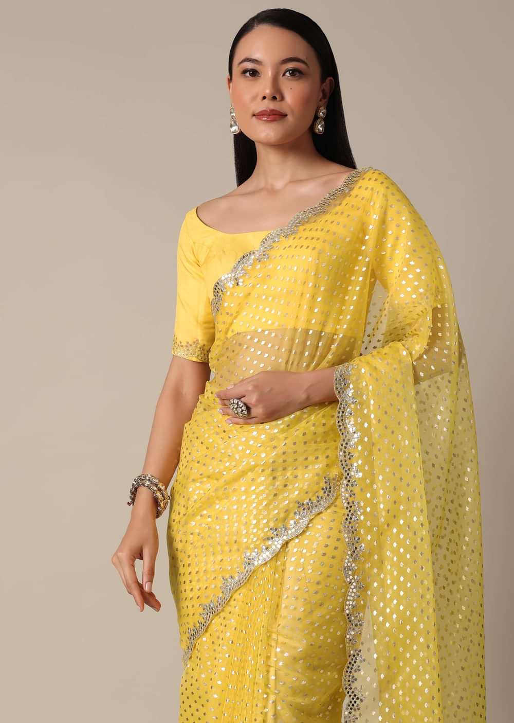 Elegant Yellow Saree With Mirror Scallop Border
