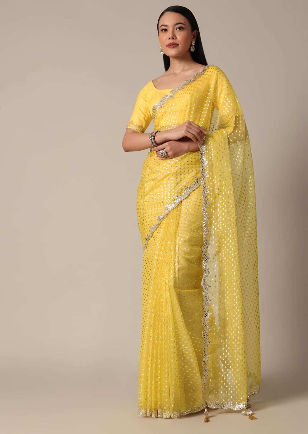 Elegant Yellow Saree With Mirror Scallop Border