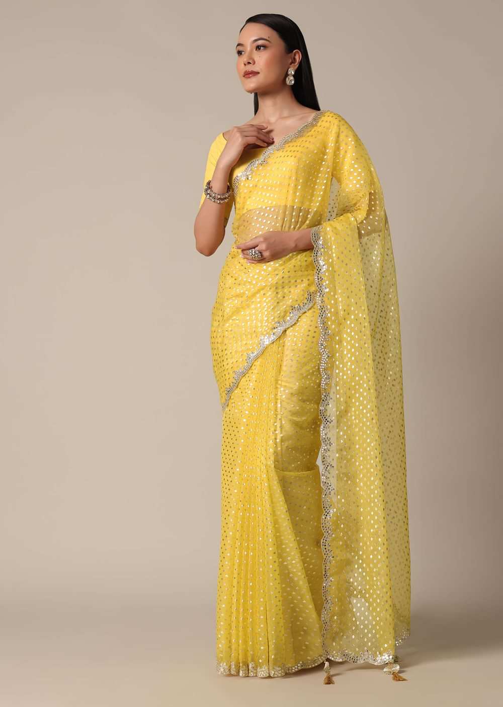 Elegant Yellow Saree With Mirror Scallop Border