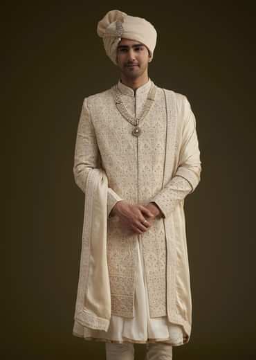 Beige Silk Sherwani Set With Dori Handwork
