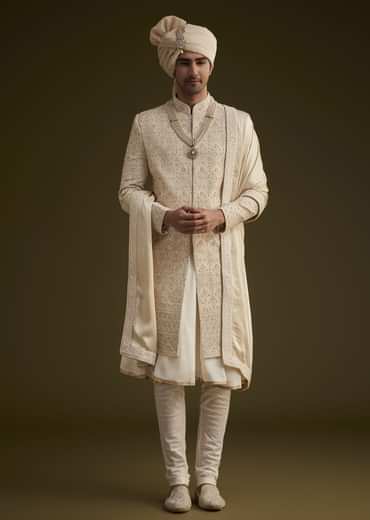 Beige Silk Sherwani Set With Dori Handwork