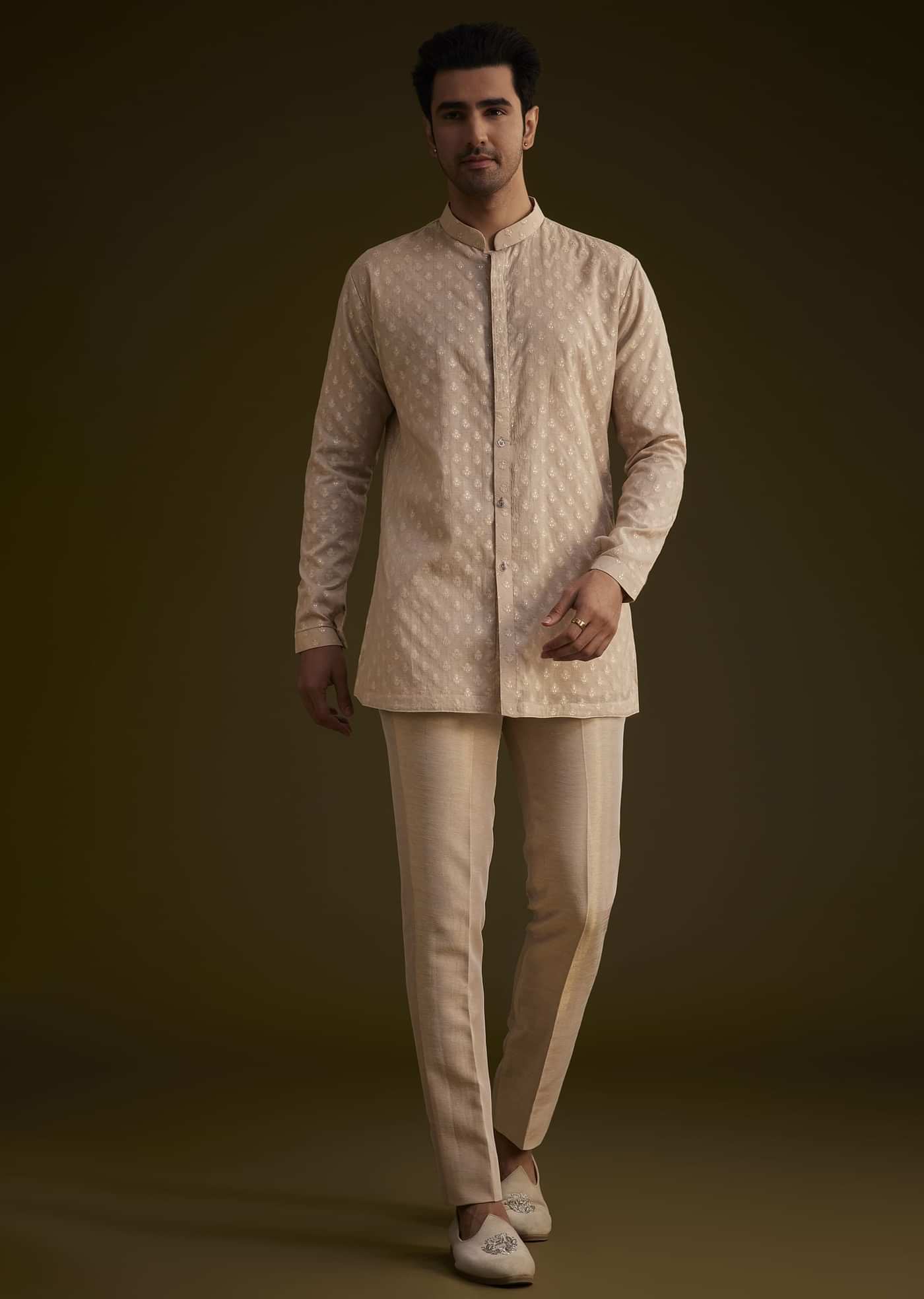 Gold Silk Indowestern Suit With Floral Zardosi Embroidery