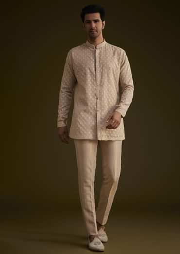 Gold Silk Indowestern Suit With Floral Zardosi Embroidery