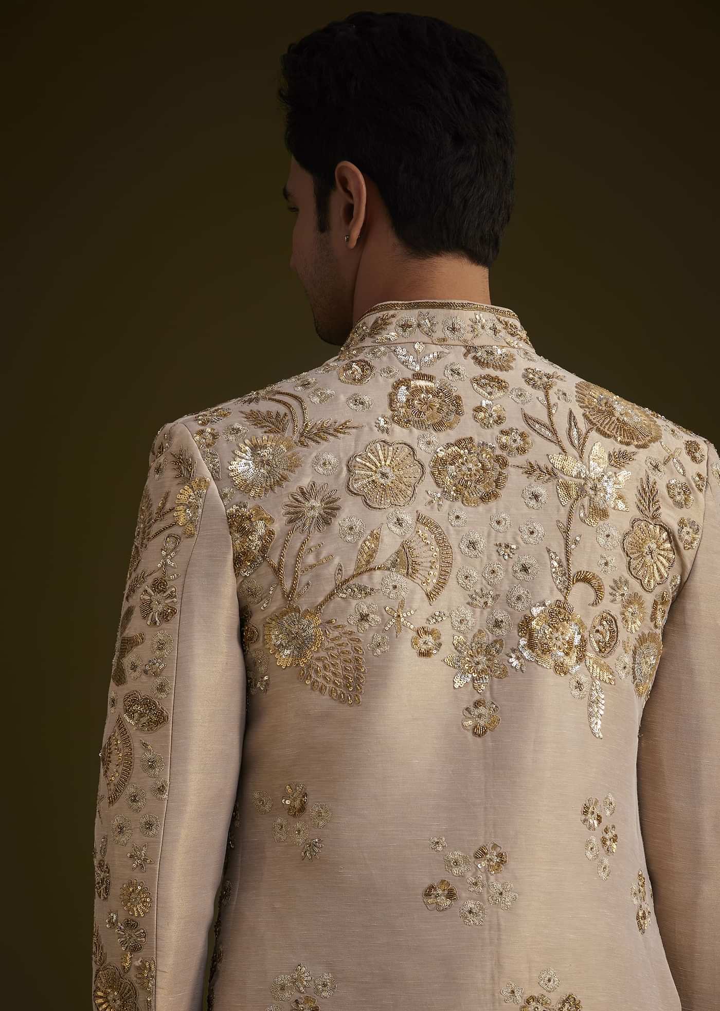 Gold Silk Indowestern Suit With Floral Zardosi Embroidery