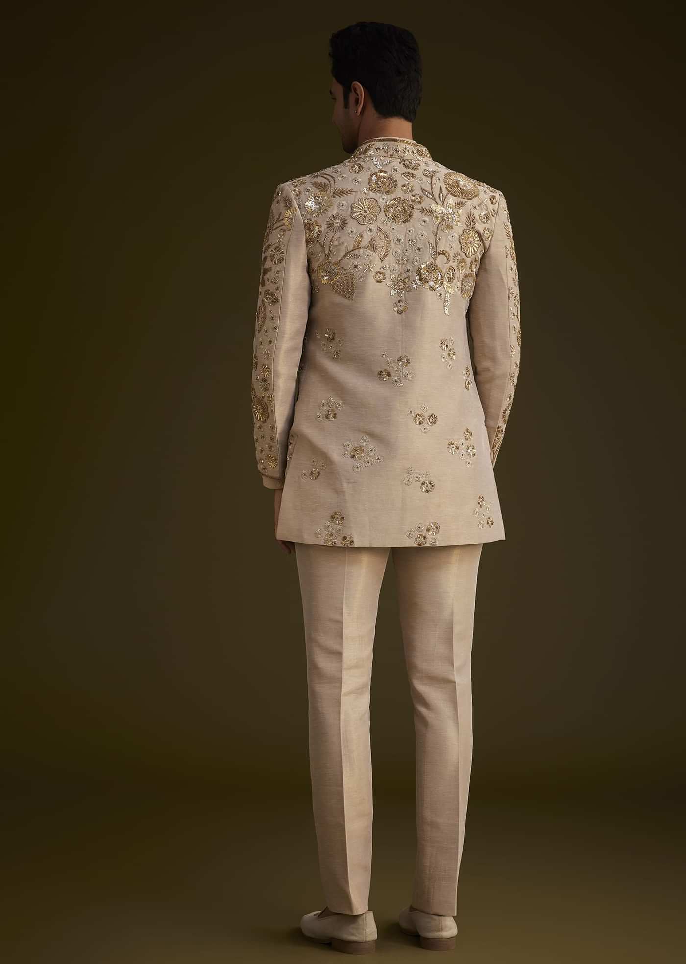 Gold Silk Indowestern Suit With Floral Zardosi Embroidery