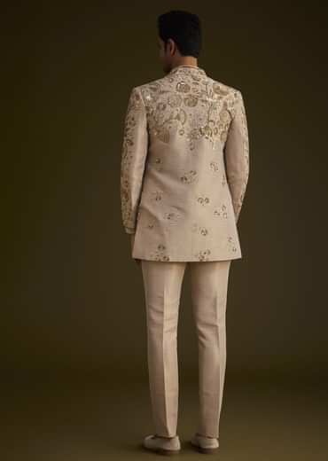 Gold Silk Indowestern Suit With Floral Zardosi Embroidery