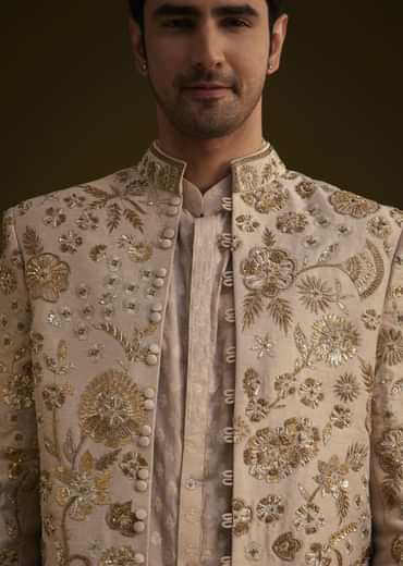 Gold Silk Indowestern Suit With Floral Zardosi Embroidery