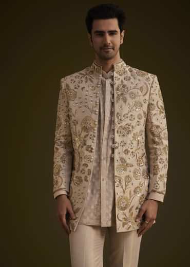 Gold Silk Indowestern Suit With Floral Zardosi Embroidery