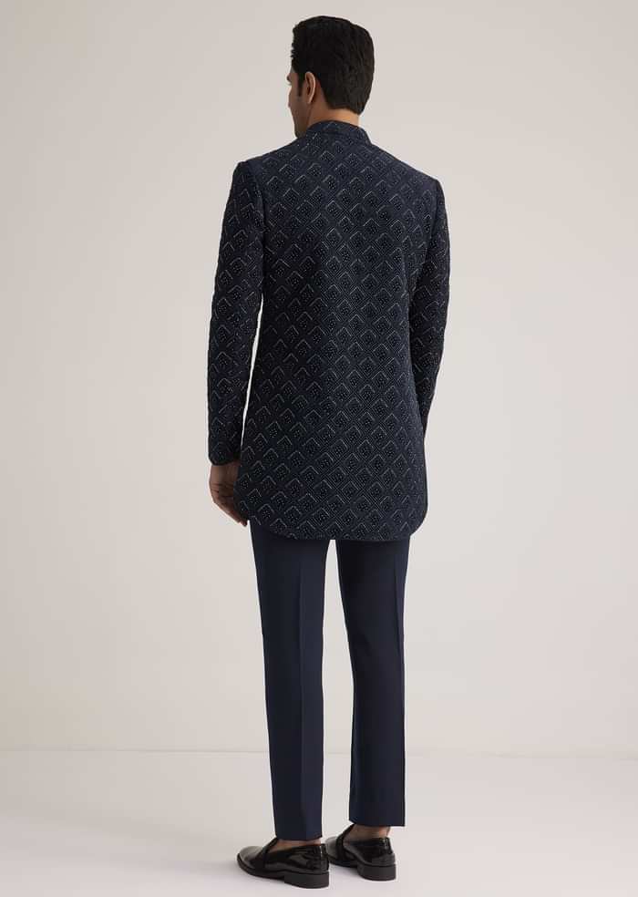 Prussian Blue Sherwani Set With Stone Work Detailing