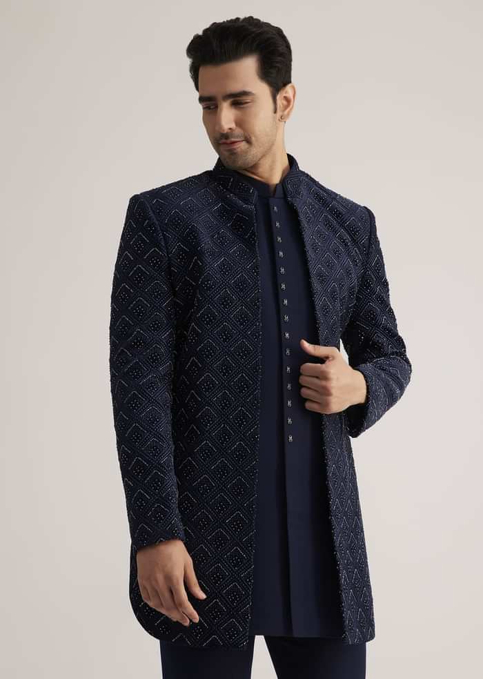 Prussian Blue Sherwani Set With Stone Work Detailing