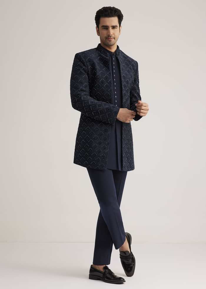 Prussian Blue Sherwani Set With Stone Work Detailing