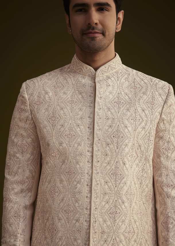 Light Peach Silk Sherwani Set With Dori Pearl And Stone Embroidery Light Peach Silk Sherwani Set With Dori Pearl And Stone Embroidery