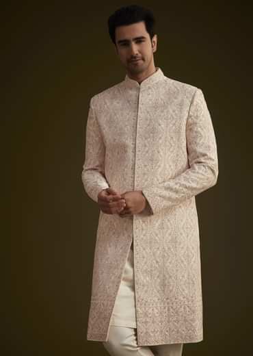 Light Peach Silk Sherwani Set With Dori Pearl And Stone Embroidery