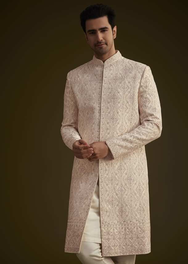 Light Peach Silk Sherwani Set With Dori Pearl And Stone Embroidery Light Peach Silk Sherwani Set With Dori Pearl And Stone Embroidery