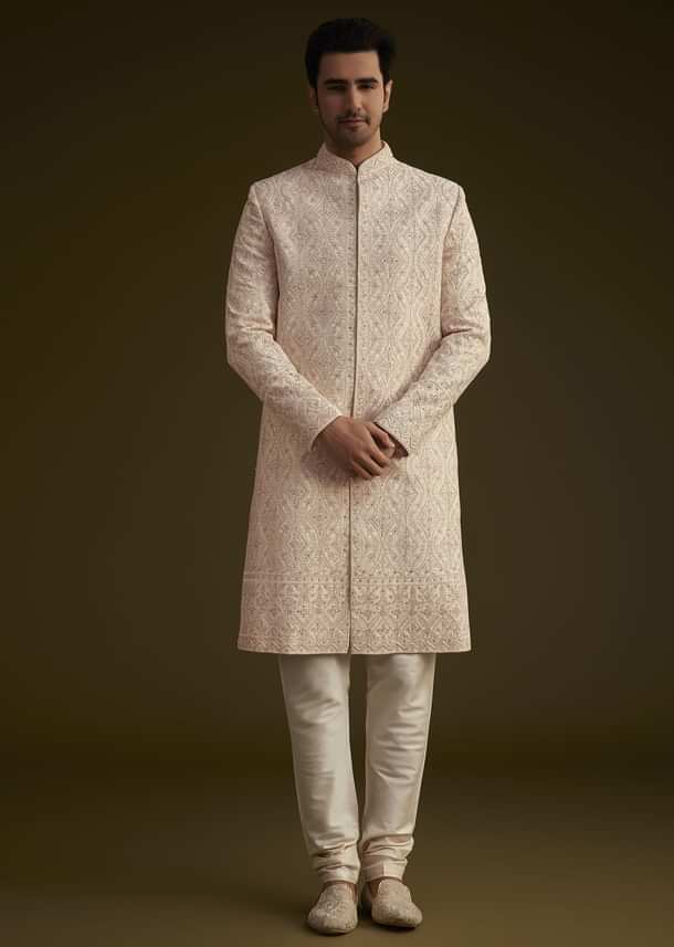Light Peach Silk Sherwani Set With Dori Pearl And Stone Embroidery Light Peach Silk Sherwani Set With Dori Pearl And Stone Embroidery
