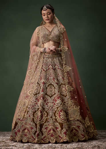 Embellished Bridal Lehenga Set with Two Dupattas