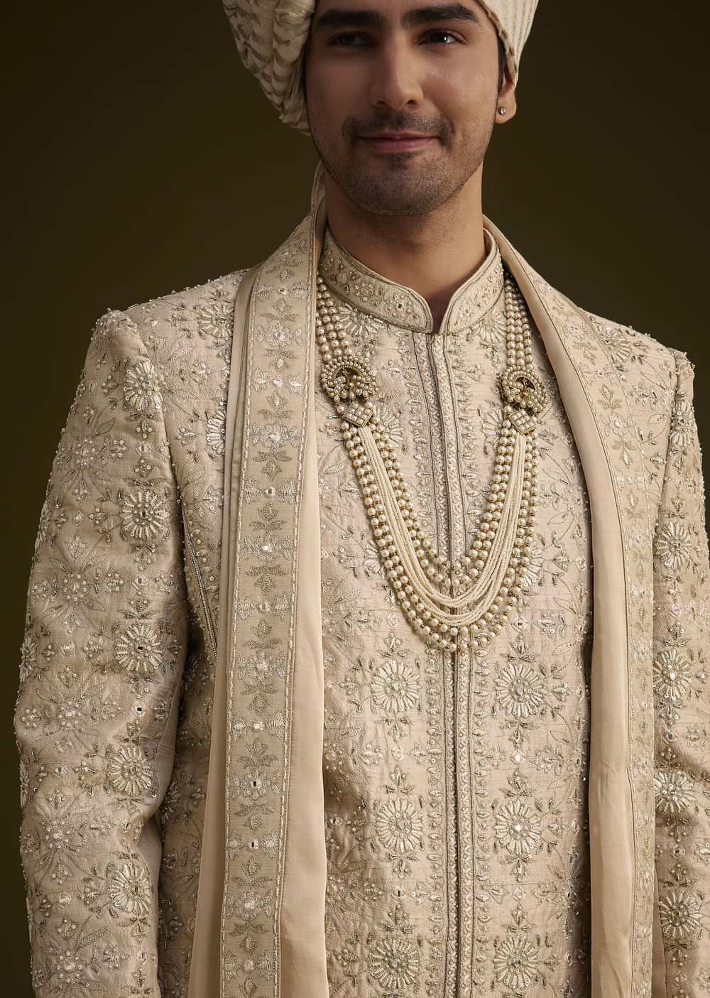 Beige Silk Sherwani Set With Zardosi Embroidery And Anarkali Kurta