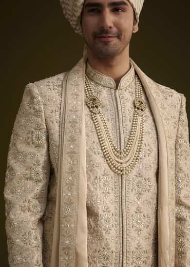 Beige Silk Sherwani Set With Zardosi Embroidery And Anarkali Kurta