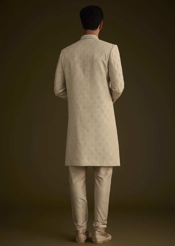 Fawn Silk Sherwani Set With Zardosi Embroidery Fawn Silk Sherwani Set With Zardosi Embroidery