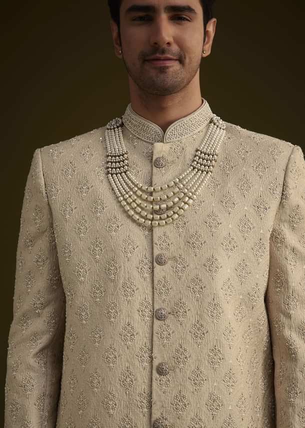Fawn Silk Sherwani Set With Zardosi Embroidery Fawn Silk Sherwani Set With Zardosi Embroidery