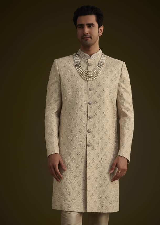 Fawn Silk Sherwani Set With Zardosi Embroidery Fawn Silk Sherwani Set With Zardosi Embroidery