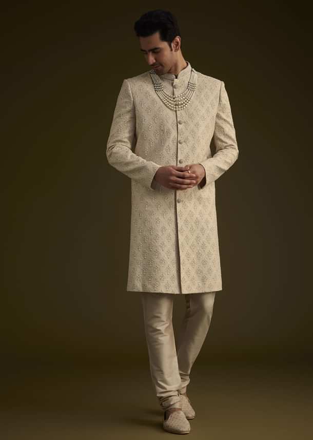 Fawn Silk Sherwani Set With Zardosi Embroidery Fawn Silk Sherwani Set With Zardosi Embroidery