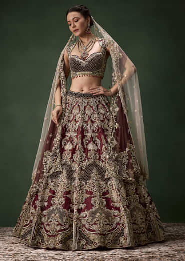 Embroidered Bridal Lehenga Set with Two Dupattas